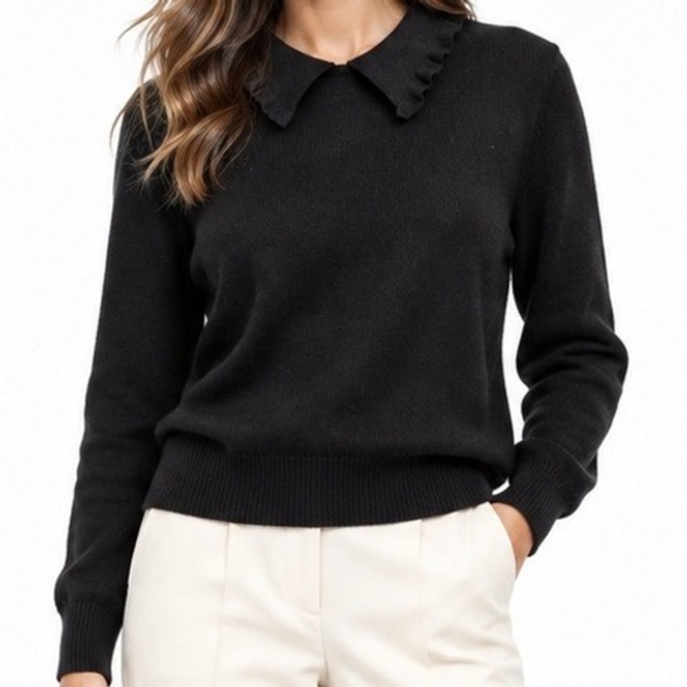 BEIGE Black Ruffle Collar Knit Sweater Womens XL Long Sleeve Dark Academia